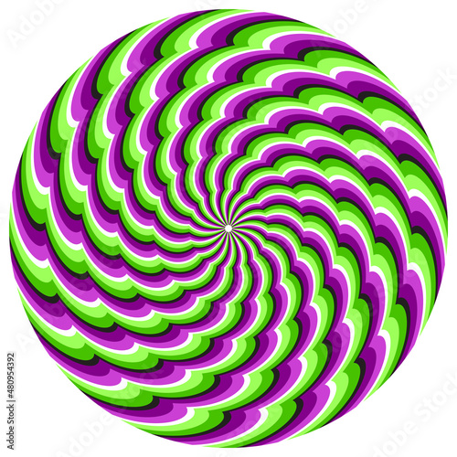 Optical illusion circle of spiral wavy striped pattern. Round colorful template for moving background design.