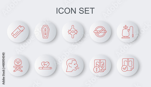 Set line Lungs x-ray diagnostics, Bones and skull, Joint pain, knee pain, Disease lungs, Lighter, Death from smoking, Heart disease with and Man coughing icon. Vector