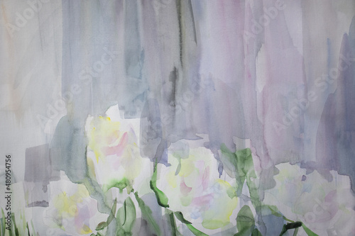 Pastel colors background. White roses wallpaper with copy space. Pearl shades neutral texture. Softness concept. Watercolor surface. Wedding card. Subtlety artwork.