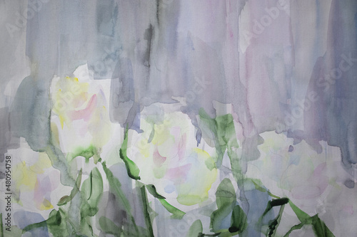 White roses background with copy space. Pastel colors wedding wallpaper. Relax delicacy watercolor. Brush strokes texture. Gentleness concept. Pearl shades flowers.