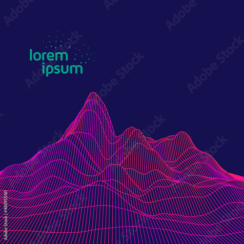 Abstract vector mountain. Wavy grid landscape background
