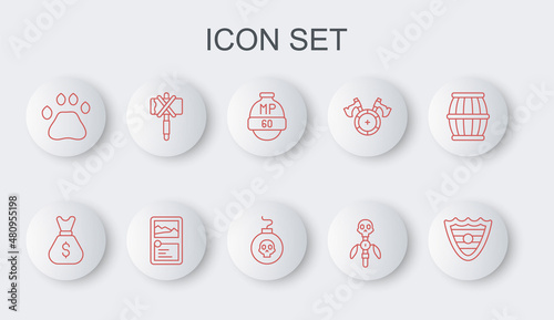 Set line Shield, Old money bag, Video game bar, Magic staff, Bear paw footprint, Medieval axe, Card collection and Bomb ready to explode icon. Vector
