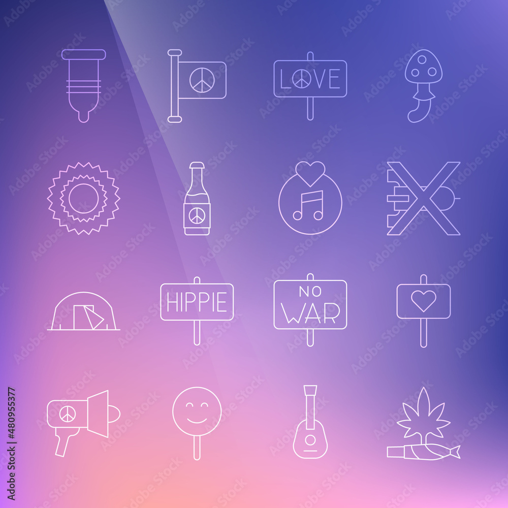 Set line Marijuana joint, spliff, Peace, No war, Beer bottle, Sun, Condom and Vinyl disk icon. Vector Set line Marijuana joint, spliff, Peace, No war, Beer bottle, Sun, Condom and Vinyl disk icon. Vector
