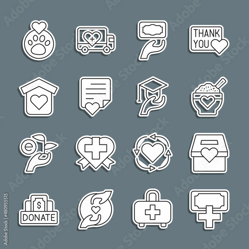Set line Donation and charity, food, Envelope with heart, Shelter for homeless, Heart animals footprint and Education grant icon. Vector