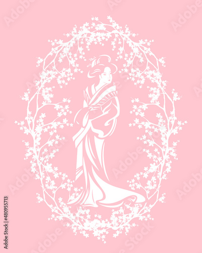 elegant japanese geisha wearing traditional kimono clothing among sakura blossom branches forming oval frame - asian lady portrait vector design