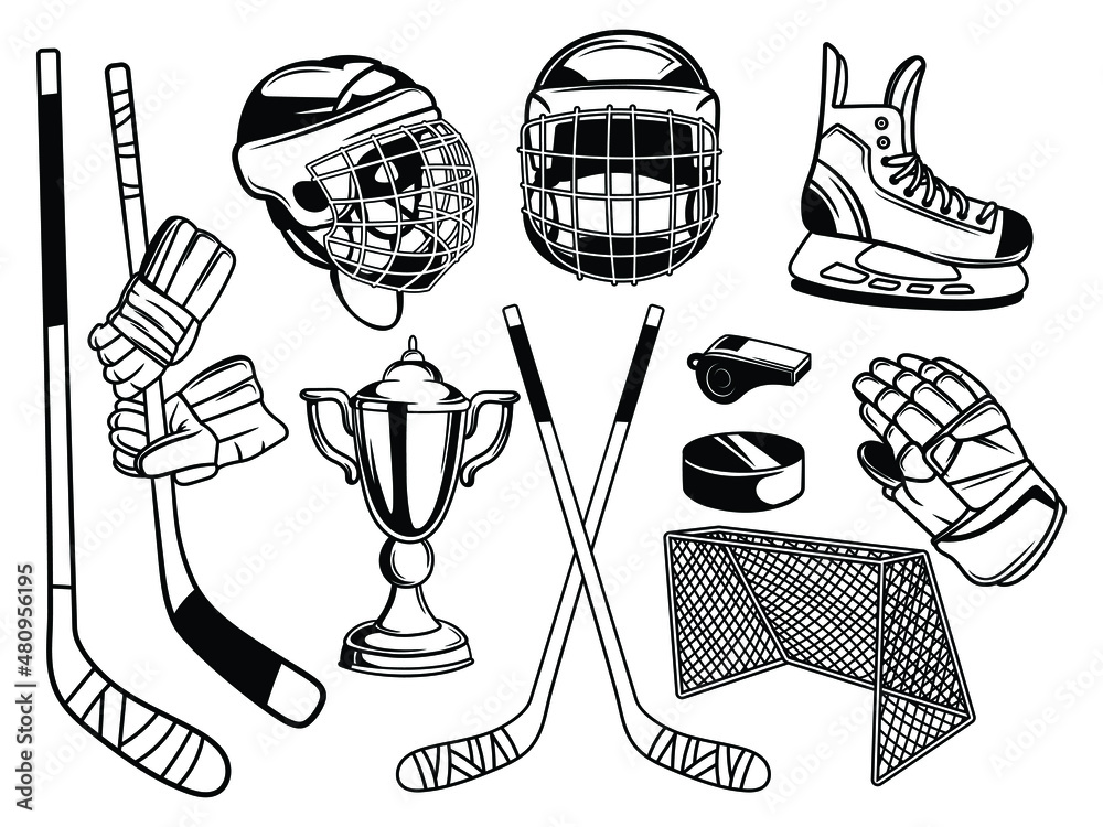 Vecteur Stock Set of hockey equipment. Collection of winter sport  accessories on ice skates: trophy, mask, goalkeeper, knee pads, gate, puck,  protection. Vector illustration of hockey uniform athlete. | Adobe Stock
