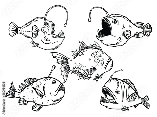 Set of silhouette anglerfish. Collecting deep sea fish with a flashlight. Ocean creature. Underwater animals. Vector illustration of marine wildlife on a white background.