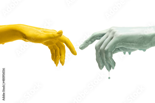 Two painted hands trying to touch each other isolated on white background in neon light. Concept of human relation, community, togetherness, symbolism, culture and history