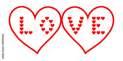 Two red heart icons, with text love made from small hearts, isolated on white background