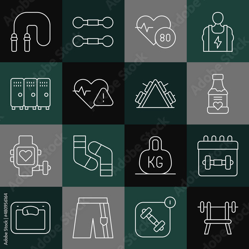 Set line Bench with barbell, Calendar fitness, Vitamins, Heart rate, Locker or changing room, Jump rope and Metal rack weight icon. Vector