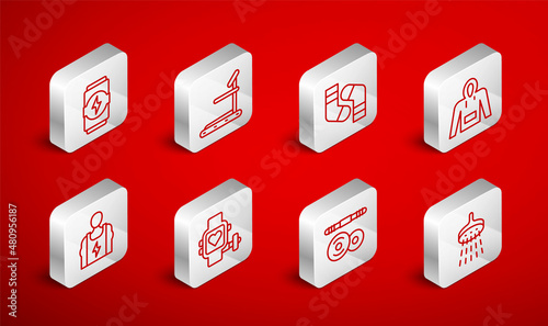 Set line Shower, Treadmill machine, Socks, Hoodie, Barbell, Energy drink, Smart watch with heart and Bodybuilder icon. Vector