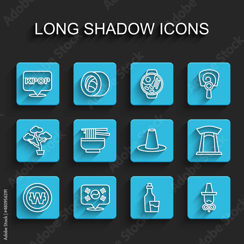 Set line South Korean won coin, Location, K-pop, Soju bottle, hat, Ramen, gate and icon. Vector