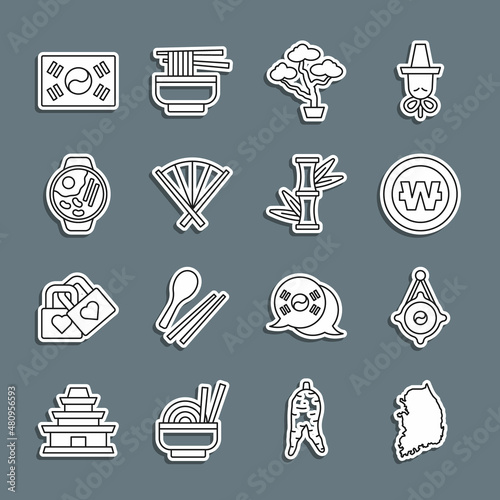 Set line South Korea map, Korean lantern, won coin, Bonsai tree, Traditional fan, Ramen, flag and Bamboo icon. Vector