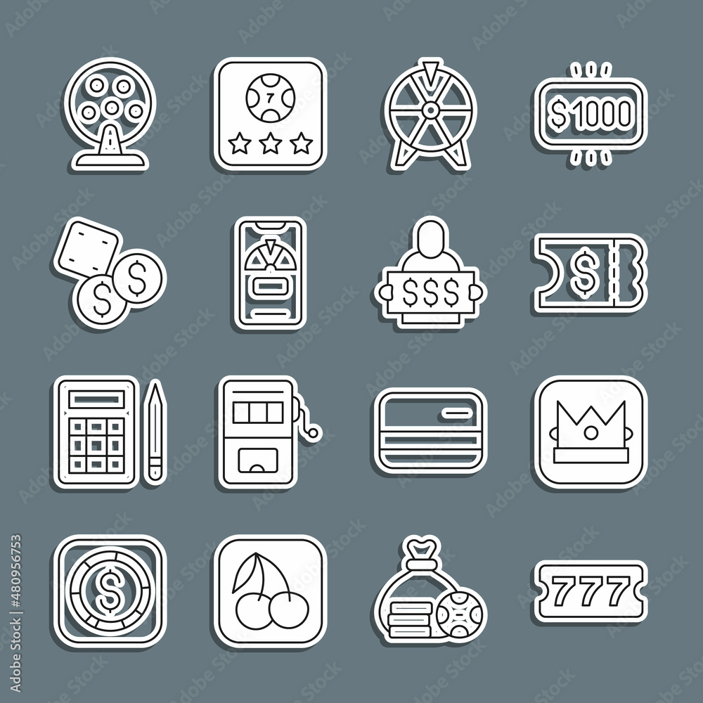 Set line Lottery ticket, King playing card, Lucky wheel, on phone, Game dice, machine and Winner holding prize icon. Vector Set line Lottery ticket, King playing card, Lucky wheel, on phone, Game dice, machine and Winner holding prize icon. Vector