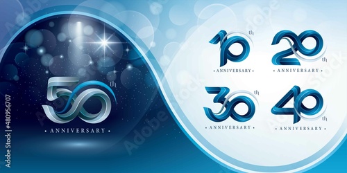 Set of 10 to 50 years Anniversary logotype design, Celebrating Anniversary Logo. Blue Twist Infinity multiple line