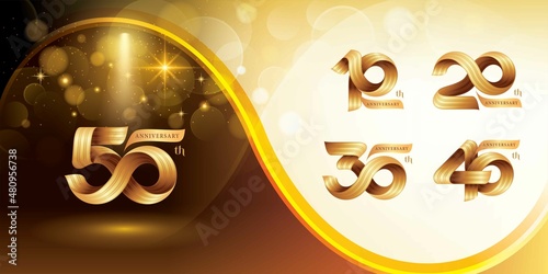 Set of 10 to 50 years Anniversary logotype design, Celebrating Anniversary Logo. Gold Twist Infinity Three line ribbon