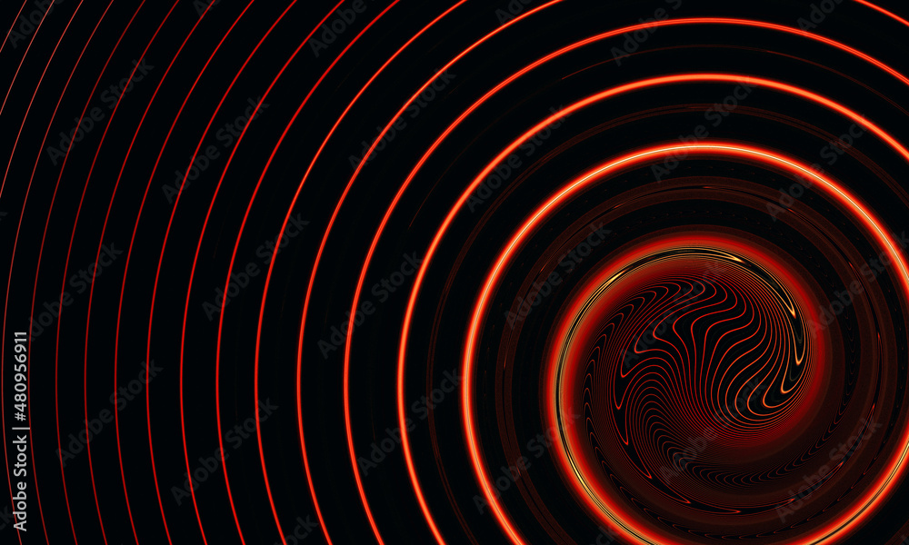 Fototapeta premium Vivid digital fluid fiery red 3d spiral with ripples and stains in deep dark. Sound technology design. Music, pure rhythm, audio sound concept. Great as wallpaper, cover, print for electronics.