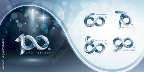 Set of 60 to 100 years Anniversary logotype design, Celebrating Anniversary Logo, Silver Twist Infinity multiple line