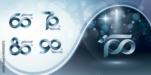Set of 60 to 100 years Anniversary logotype design, Celebrating Anniversary Logo, Twist Infinity Three line ribbon