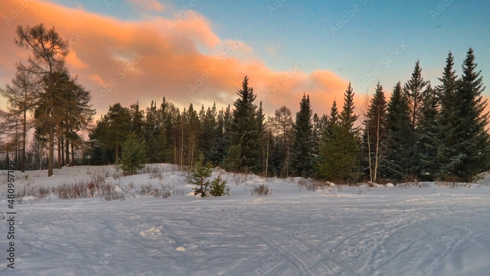 Colorful landscape at the winter sunrise in the mountain forest. Colorful landscape at the winter sunrise in the mountain forest.