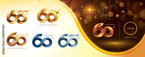 Set of 60th Anniversary logotype design, Sixty years anniversary celebration Logo, Twist Infinity multiple line golden