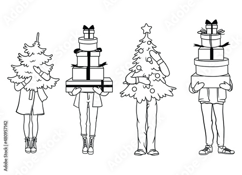 Set of people holding a Christmas tree and gifts. Collection of human feet peeking out from under the tree. Vector illustration for a postcard or a poster. 