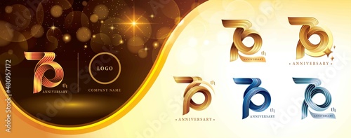 Set of 70th Anniversary logotype design, Seventy years anniversary celebration Logo. Twist Infinity multiple line golden
