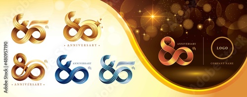 Set of 80th Anniversary logotype design, Eighty years anniversary celebration Logo, Twist Infinity multiple line golden photo