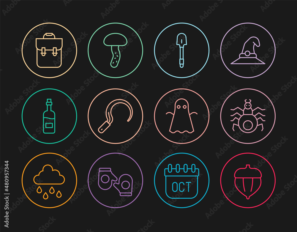 Set line Acorn, Spider, Shovel, Sickle, Bottle of wine, School backpack, Ghost and Mushroom icon. Vector