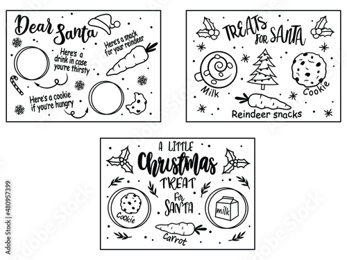 Set of Holiday Christmas tray. Collection of snacks plate for Santa's with place for milk, cookies, carrot for deer. Vector illustration of Christmas tray template. Home decoration.