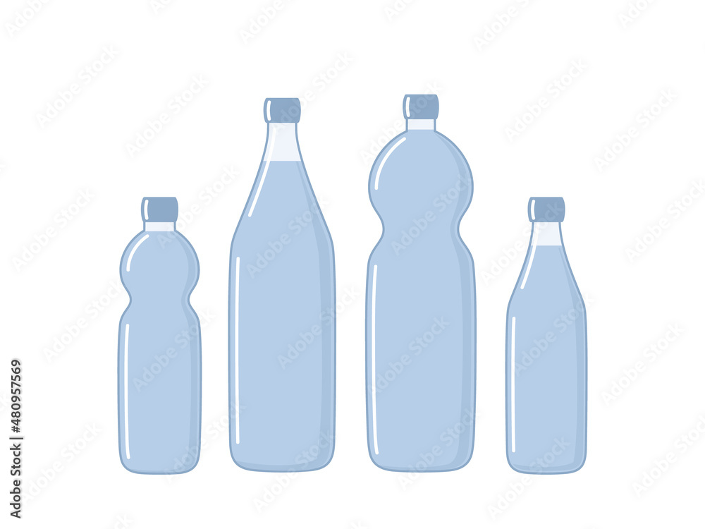 Flat illustration of different plastic bottles for liquids. Transparent bottles, packaging. Recycling, reuse, biodegradable plastic. Vector illustration on white background. Flat illustration of different plastic bottles for liquids. Transparent bottles, packaging. Recycling, reuse, biodegradable plastic. Vector illustration on white background.
