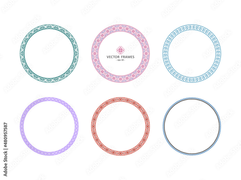 Folklore decorative cross-stitch with stylized flowers. Set of round frames with traditional folk elements of embroidery. Vector illustration on white background. Folklore decorative cross-stitch with stylized flowers. Set of round frames with traditional folk elements of embroidery. Vector illustration on white background.
