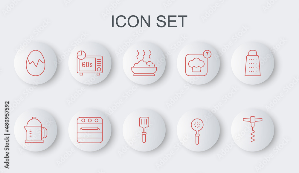 Set line Wine corkscrew, French press, Bowl of hot soup, Spatula, Broken egg, Microwave oven, Oven and Barbecue spatula icon. Vector Set line Wine corkscrew, French press, Bowl of hot soup, Spatula, Broken egg, Microwave oven, Oven and Barbecue spatula icon. Vector