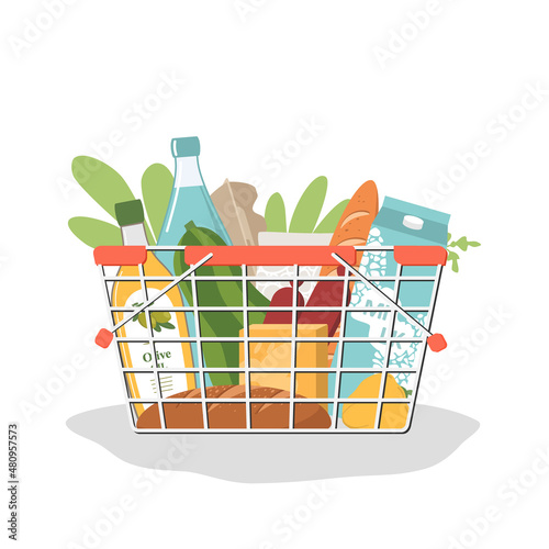 Flat illustration of a grocery cart full of food, drinks and vegetables. Shopping, self-service stores, grocery delivery. Fresh delicious foods. Vector illustration on white background.
