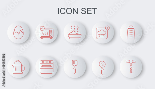 Set line Wine corkscrew, French press, Bowl of hot soup, Spatula, Broken egg, Microwave oven, Oven and Barbecue spatula icon. Vector
