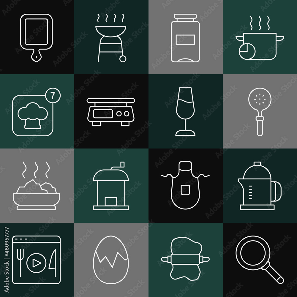 Set line Frying pan, French press, Spatula, Jam jar, Electronic scales, Chef hat, Cutting board and Wine glass icon. Vector Set line Frying pan, French press, Spatula, Jam jar, Electronic scales, Chef hat, Cutting board and Wine glass icon. Vector