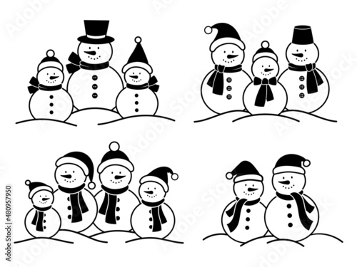 Set of family Christmas snowmen. Collection of cute snowmen in warm hats and scarves. Winter symbol. Drawing with children. Vector illustration on white background.