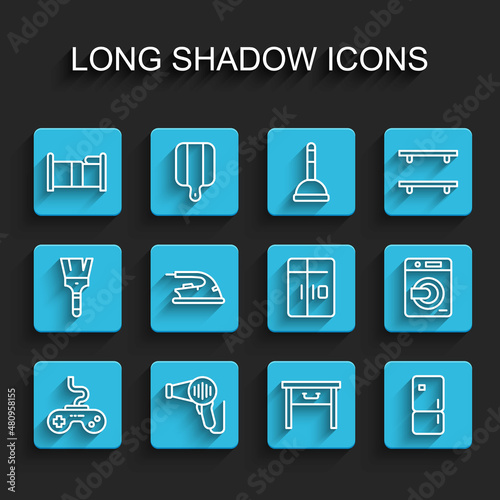 Set line Gamepad, Hair dryer, Bed, Furniture nightstand, Refrigerator, Electric iron, Washer and icon. Vector