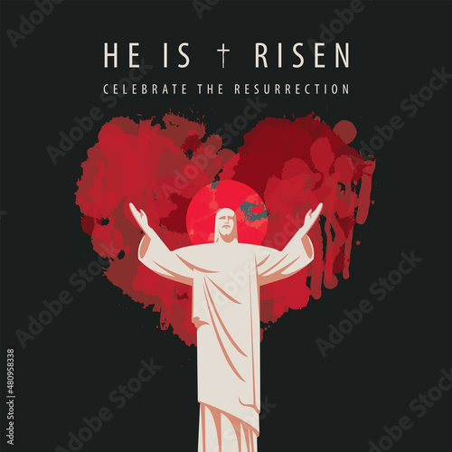 Konstfotografi Easter greeting card with the resurrected Jesus Christ with outstretched arms and abstract bloody heart on a black