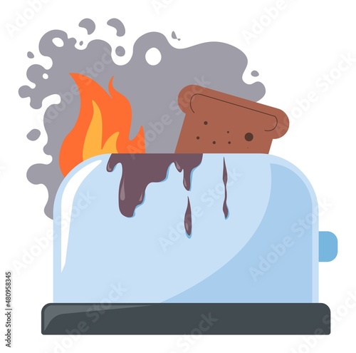 Toaster bread, damaged kitchen appliance on fire