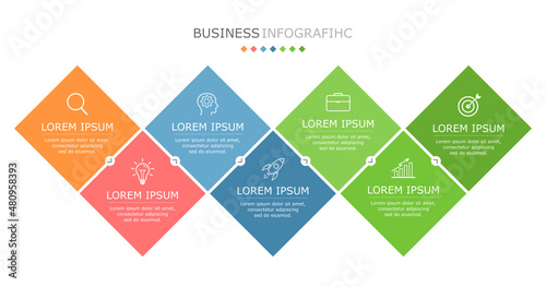 Business infographic Vector with 7 steps. Used for information,data,style,chart,graph,sign,icon, project,strategy,technology,learn,brainstorm,creative,growth,stairs,success, idea,text,web,report,work.