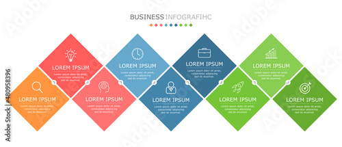 Business infographic Vector with 9 steps. Used for information,data,style,chart,graph,sign,icon, project,strategy,technology,learn,brainstorm,creative,growth,stairs,success, idea,text,web,report,work.
