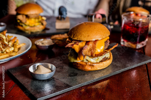 Photos Perfect Burger Fried Chicken French Fries Bacon Barbecue Sauce Onion Rings Fast