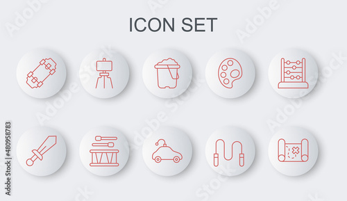 Set line Pirate treasure map, Sword toy, Sand in bucket, Jump rope, Skateboard, Wood easel, Drum with drum sticks and Radio controlled car icon. Vector