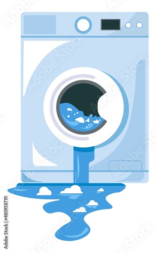 Damaged washing machine with leaking water vector