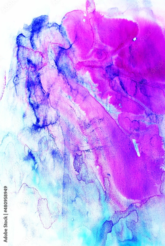 Light lilac watercolor background. Transparent lines and spots. Paint leaks and ombre effects. Abstract hand-painted image.