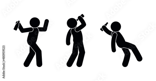 stick figure drunk man, set of stickman with alcohol bottle, alcoholism icon