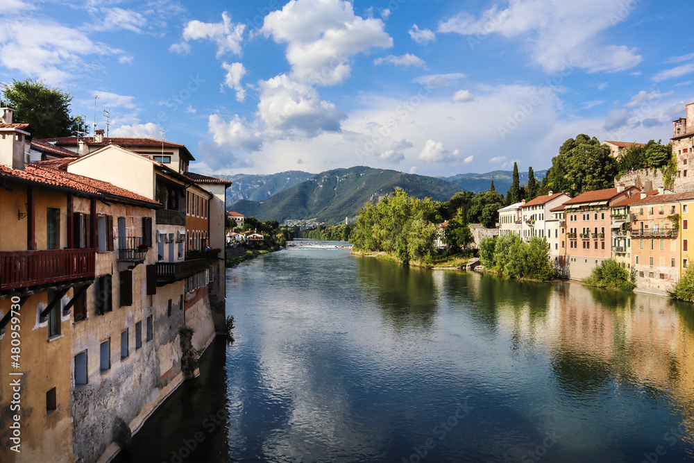 Title: View along the Brenta River in Bassano del Grappa, Italy.