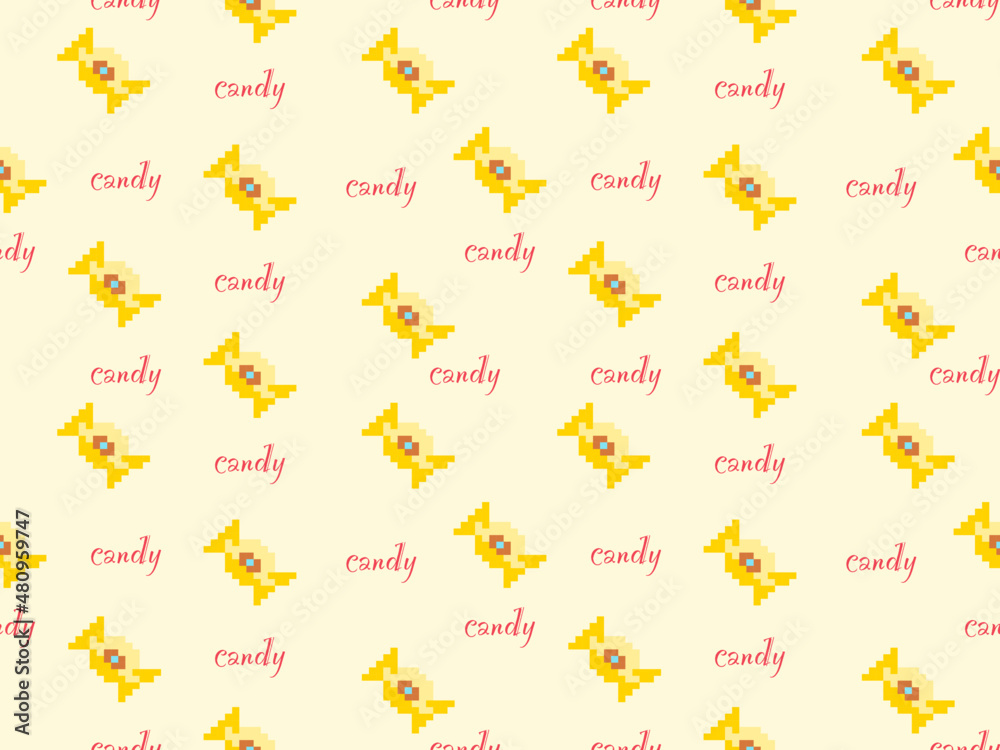 Candy cartoon character seamless pattern on yellow background.Pixel style