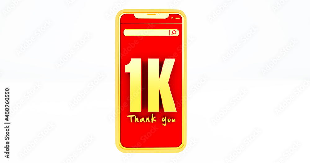 3D render of golden 1k numbers above a smartphone. Thanks 1k social media supporters.